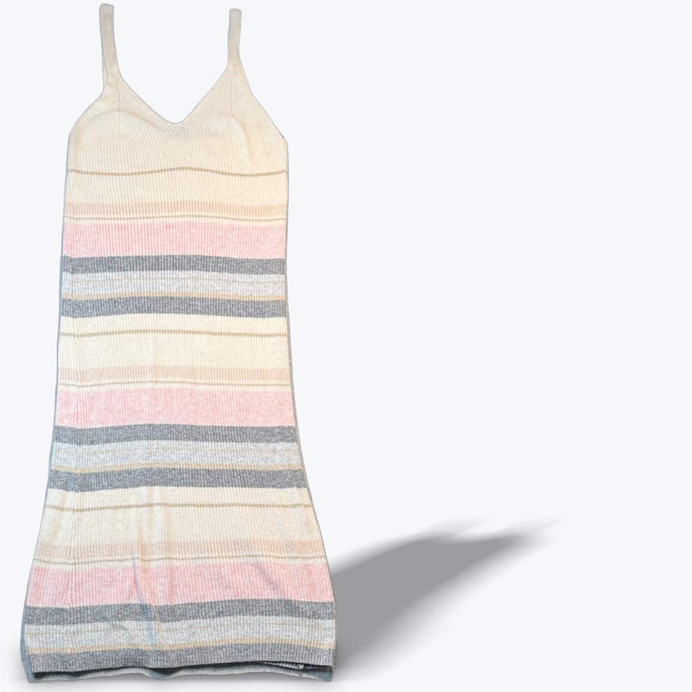 Z Supply Maxi Dress Ribbed Knit Striped V Neck XS‎ Cream Pink Grey